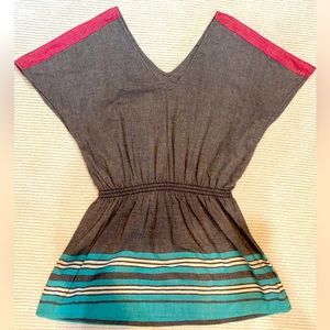 Roxy Cinched Waist Short Sleeve V Neck Dress Grey/Pink/Teal/White, Sz Mediun